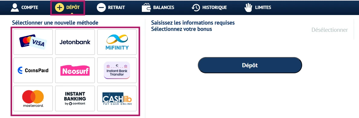 Sélectionnez une méthode de dépôt