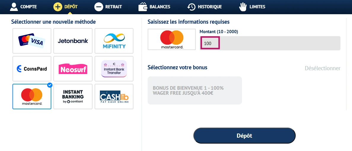 Définissez un montant de dépôt