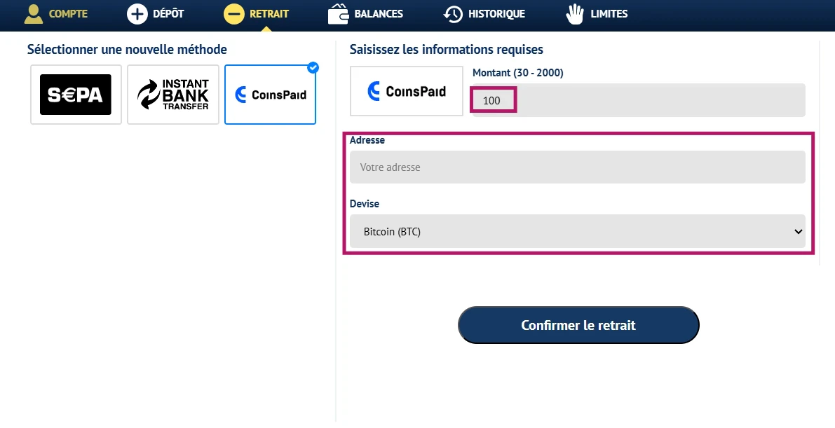 Définissez un montant et remplissez les informations demandées