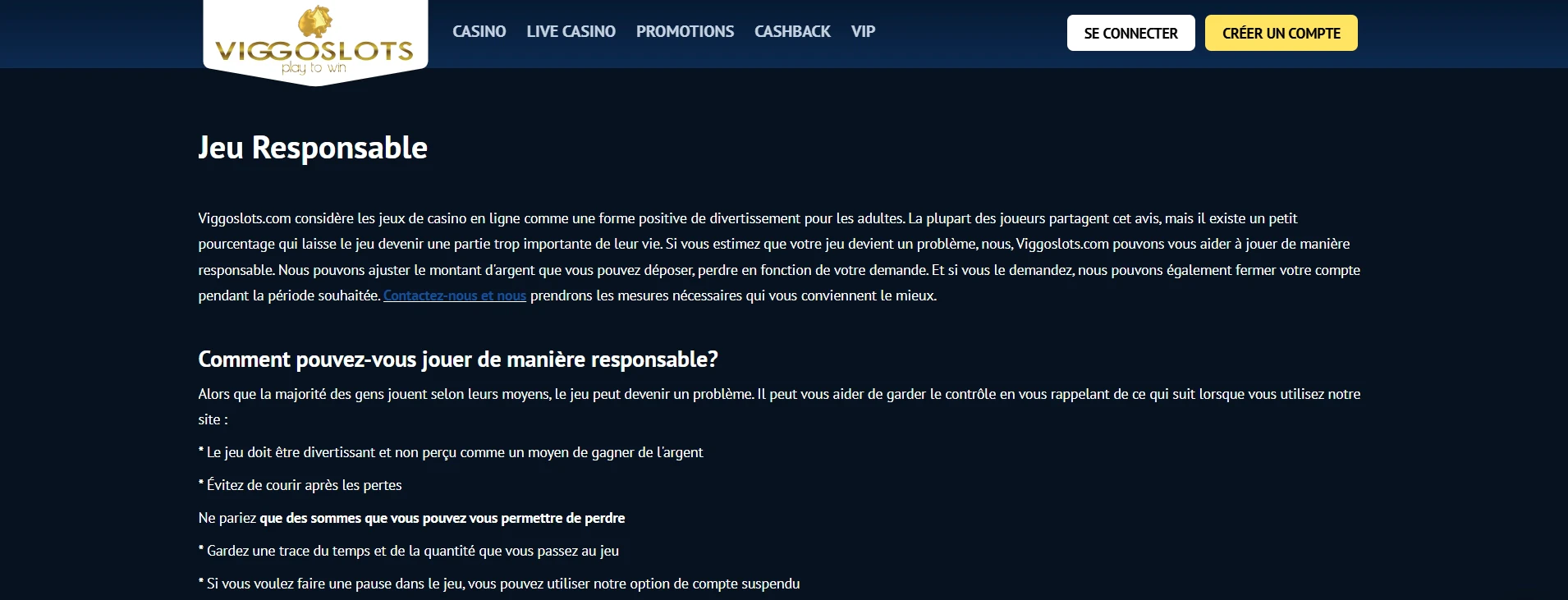 La page dédiée au jeu responsable