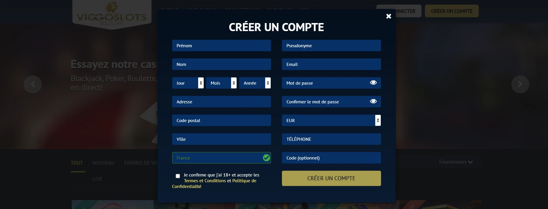 Fenêtre d'inscription de Viggoslots
