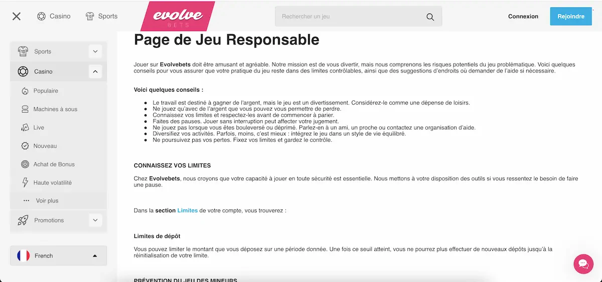 evolvebets jeu responsable