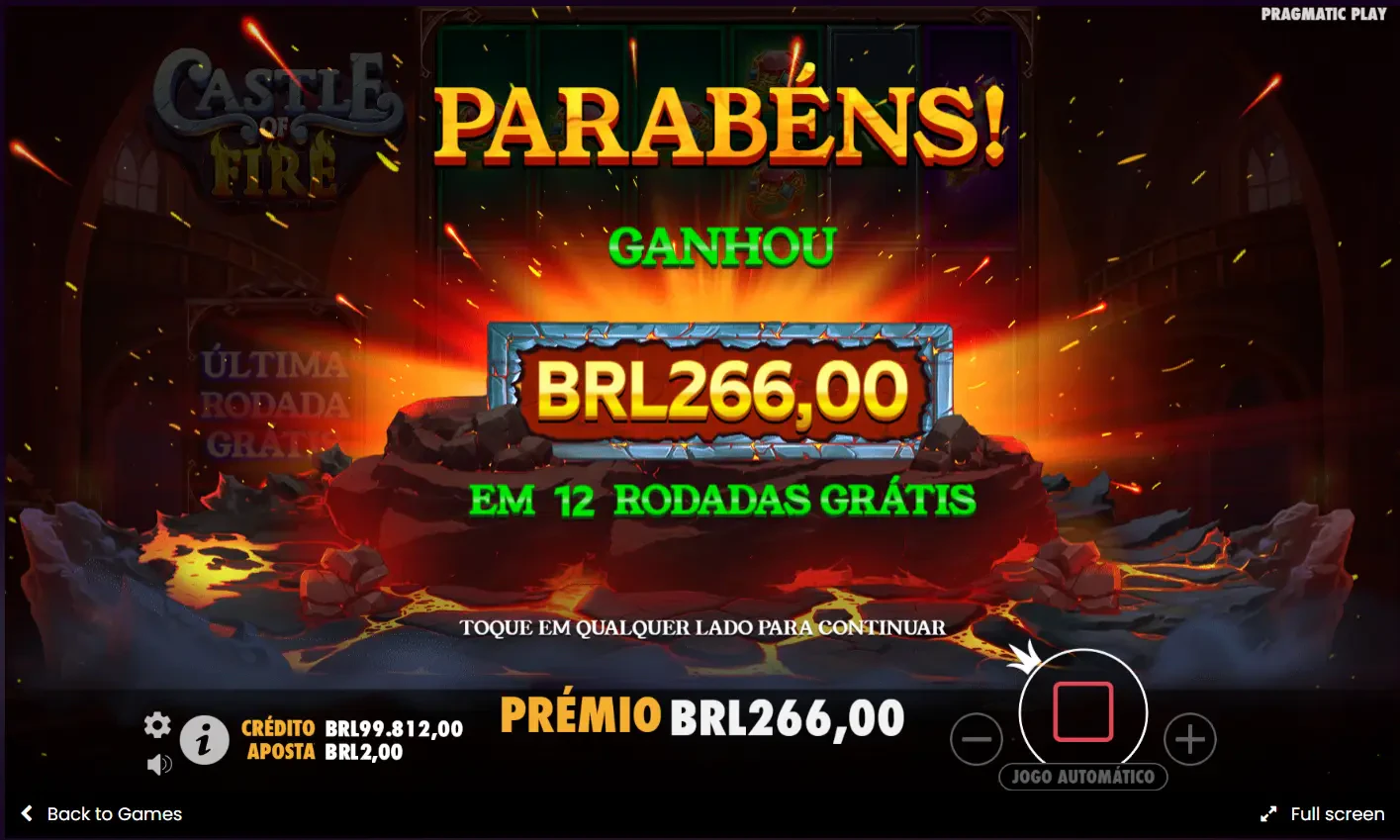 Essa é a tela ao final das rodadas grátis e mostra o valor ganho acumulado.
