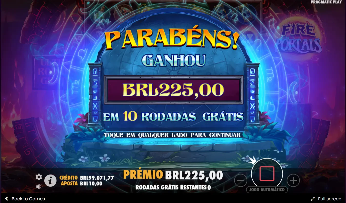 Essa é a tela ao final das rodadas grátis e mostra o valor ganho acumulado.