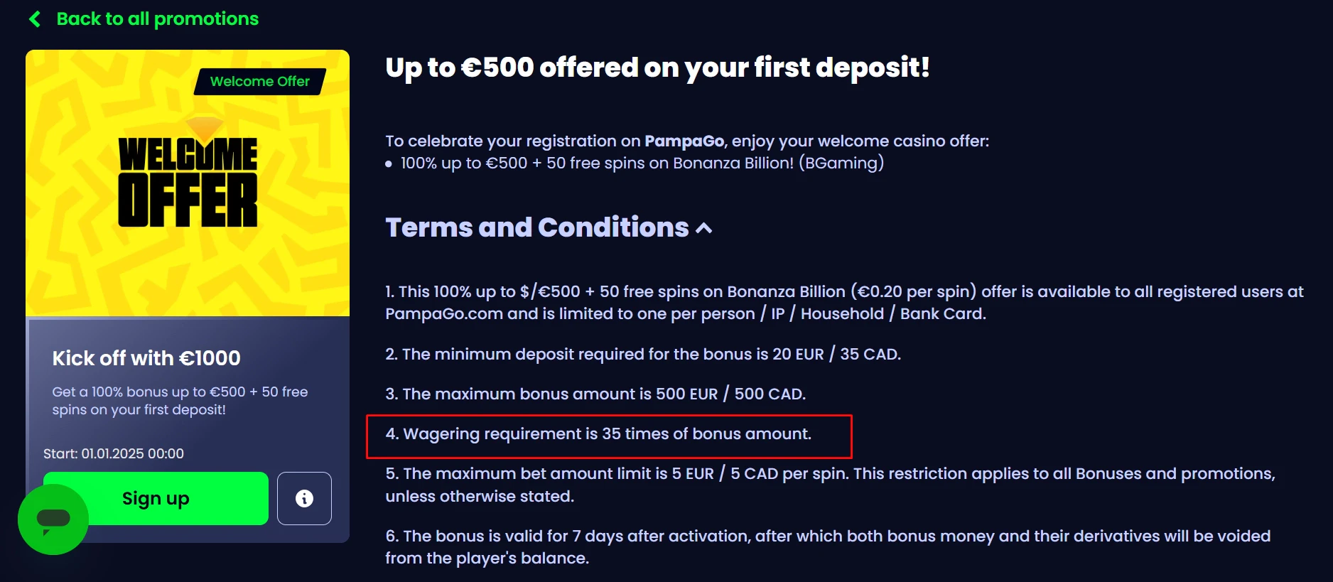 PampaGo Casino Welcome Bonus Wager