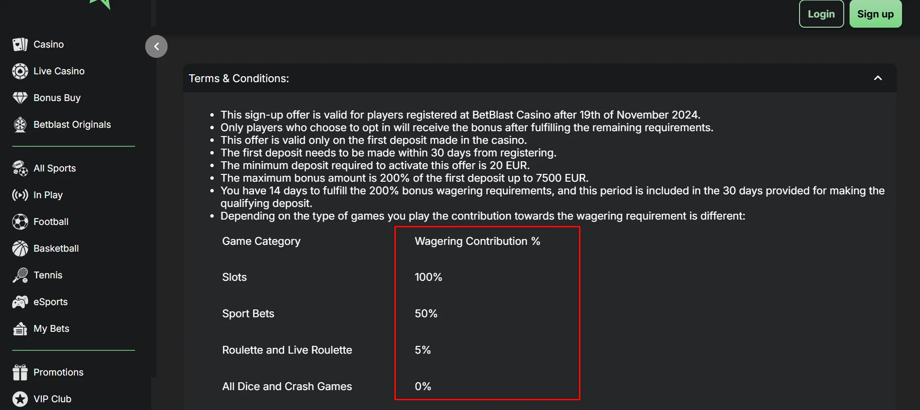 Betblast Casino Bonus Wager Contributions