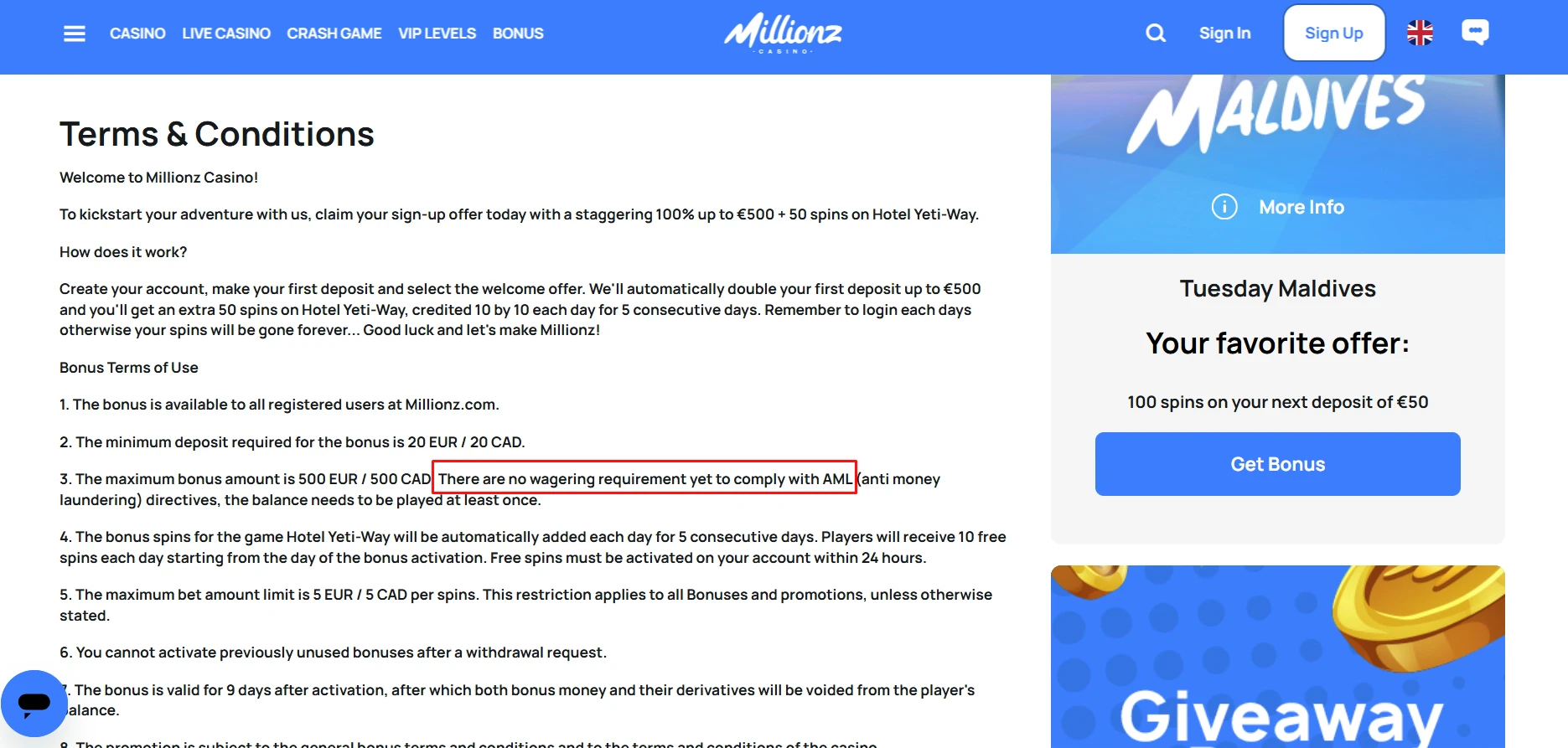 Millionz Casino No Wager Welcome Bonus