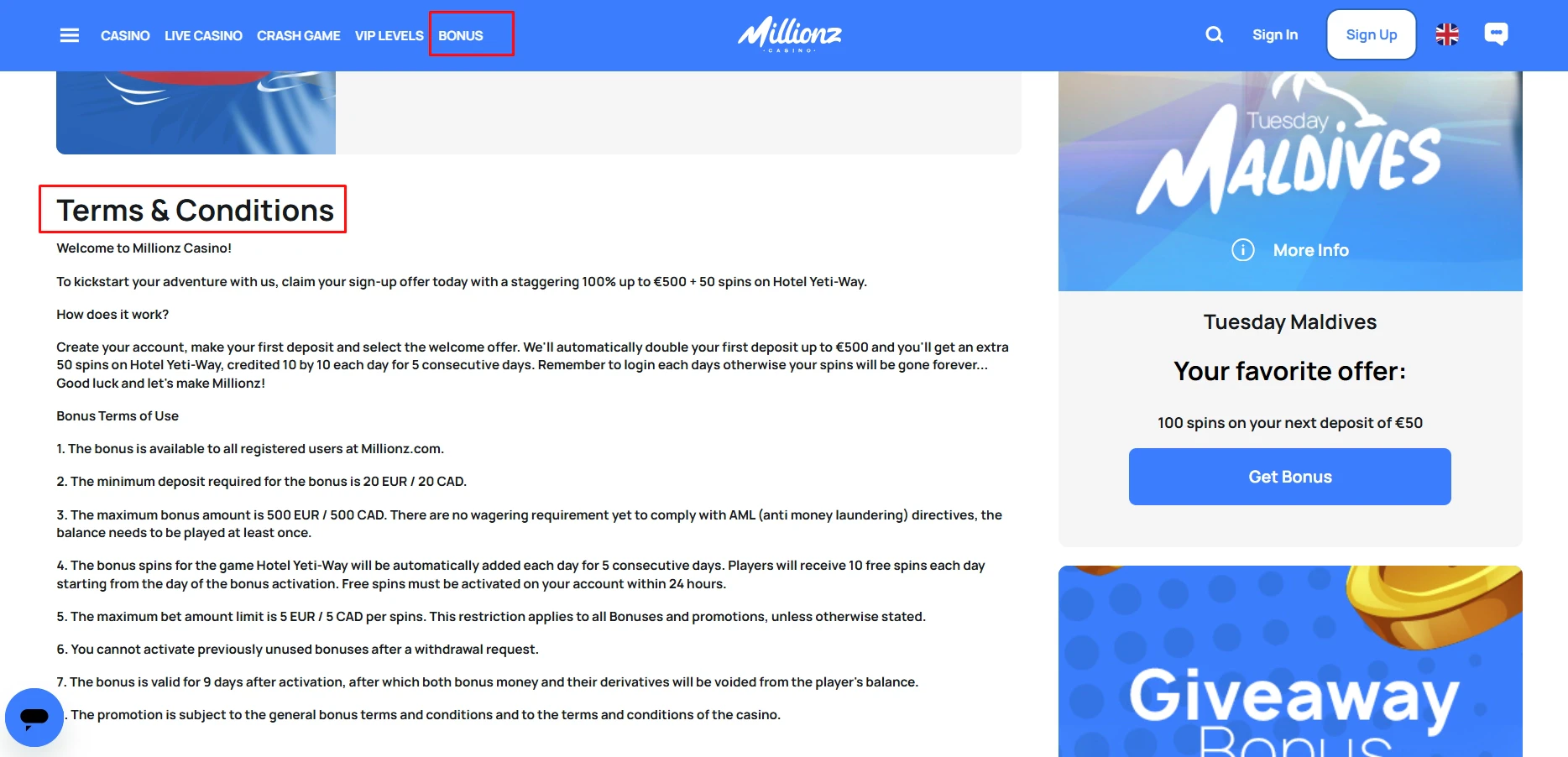 Millionz Casino Welcome Bonus Terms and Conditions