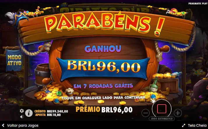 Essa é a tela ao final das rodadas grátis e mostra o valor ganho acumulado.