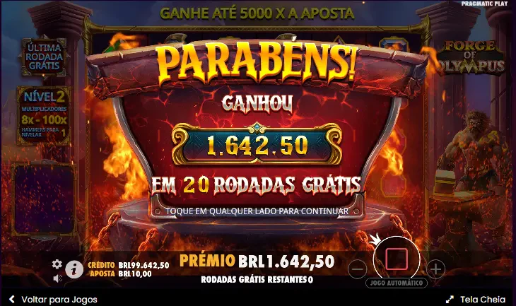 Essa é a tela ao final das rodadas grátis e mostra o valor ganho acumulado.