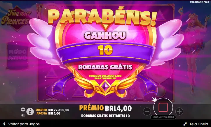 Tela exibida ao acumular os símbolos necessários para ativar as rodadas grátis.