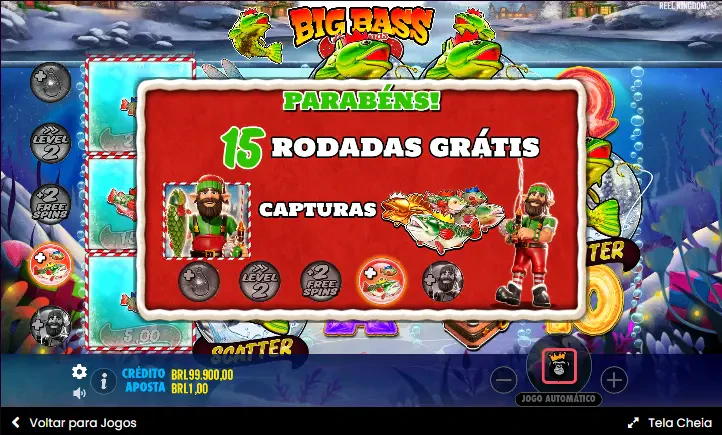 Tela exibida ao acumular os símbolos necessários para ativar as rodadas grátis. 