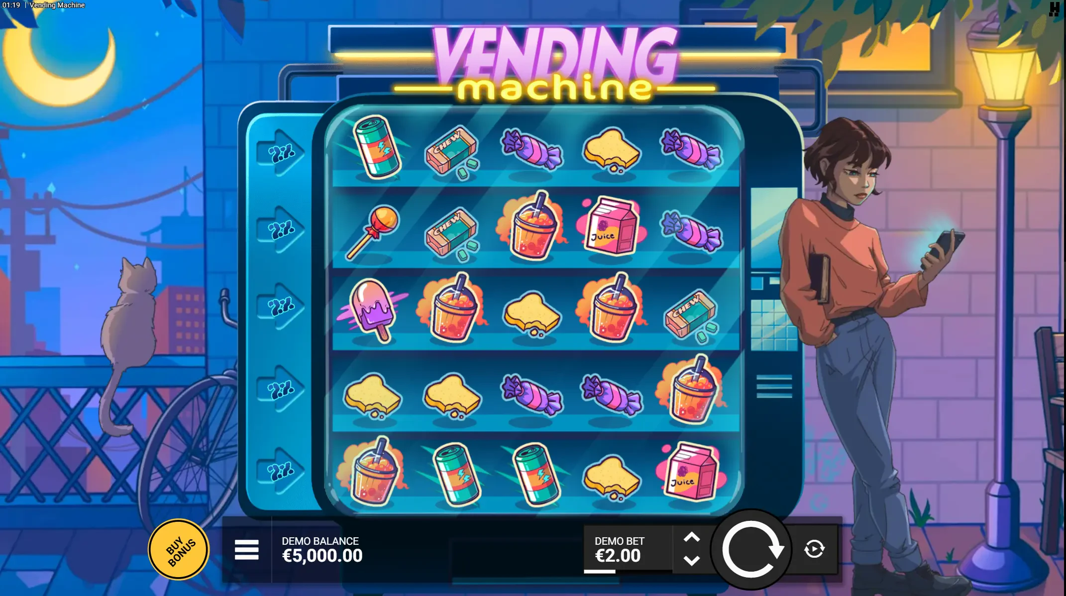 A distribuição do slot funciona da seguinte forma: cinco colunas e cinco linhas.