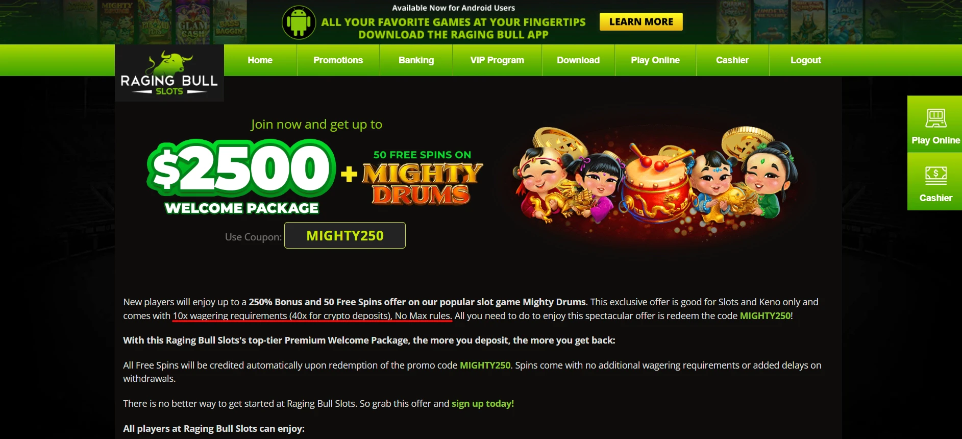 Raging Bull Slots Welcome Offer