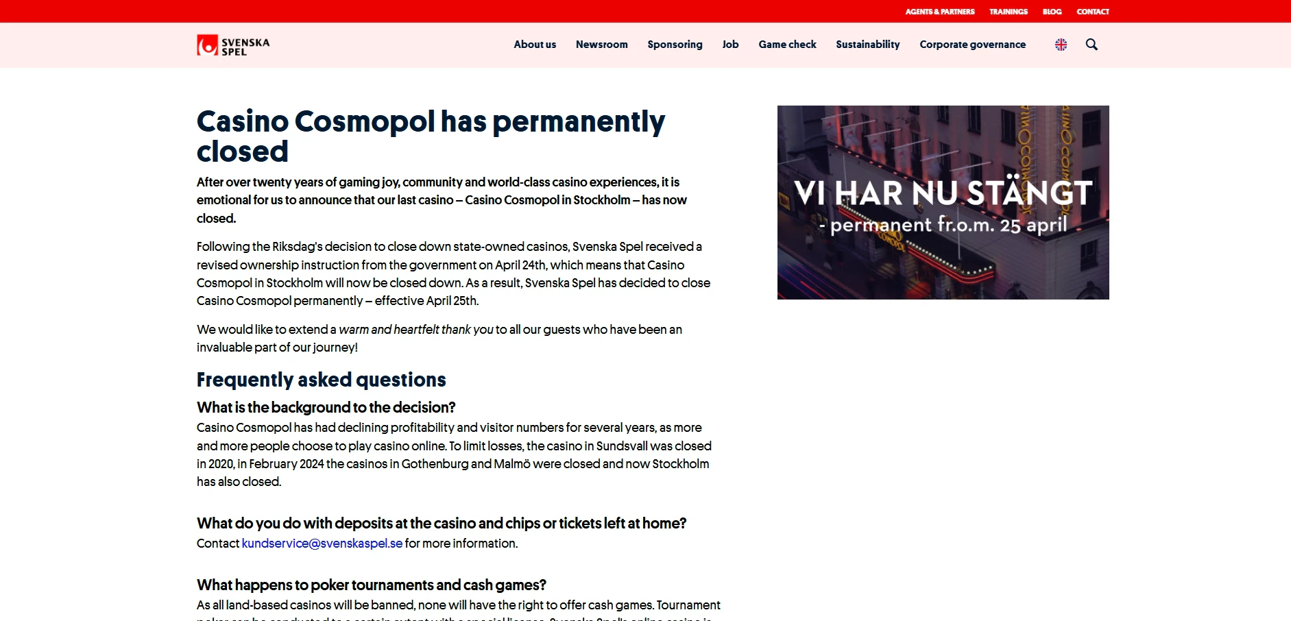 Swedish Physical Casino Closure
