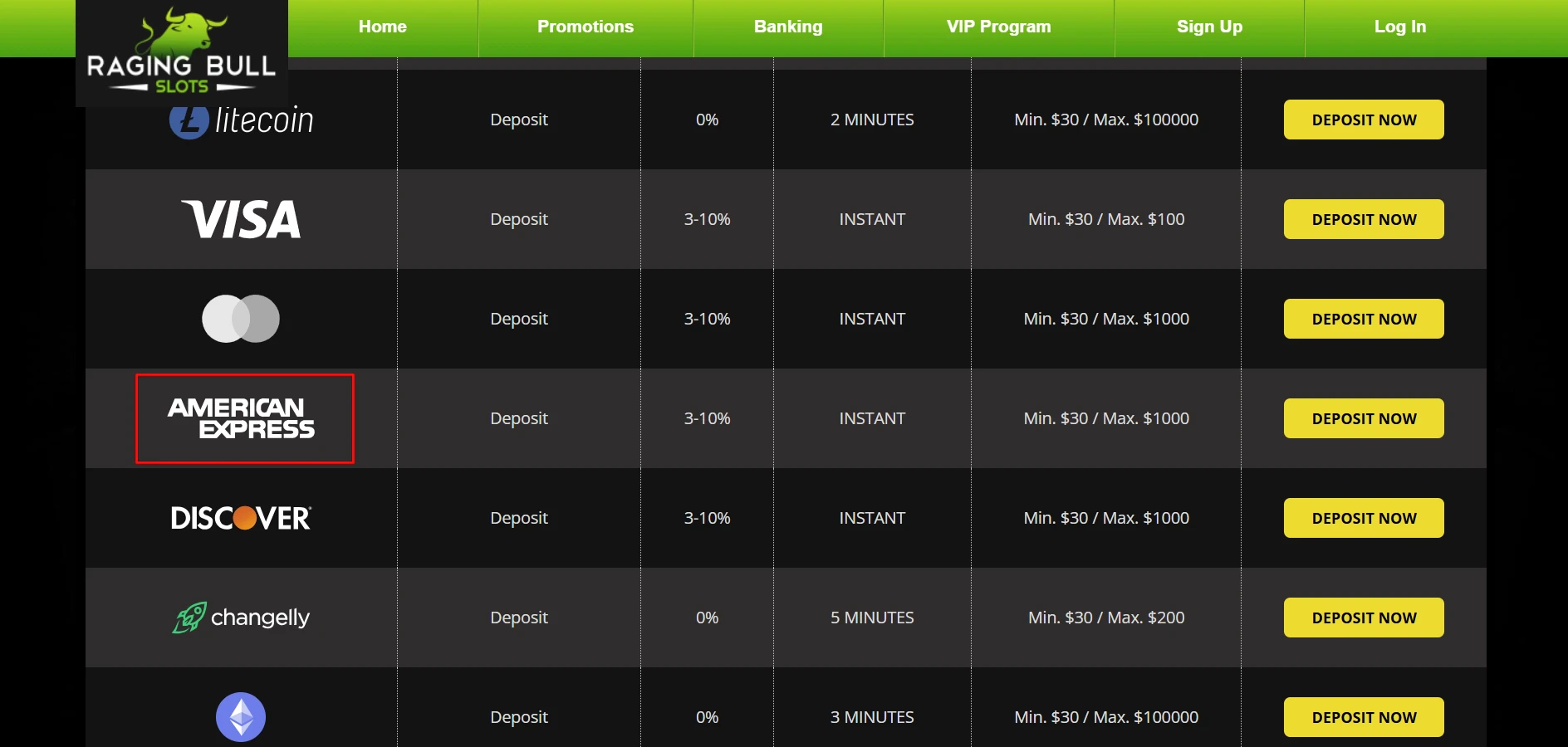 Raging Bull Slots American Express