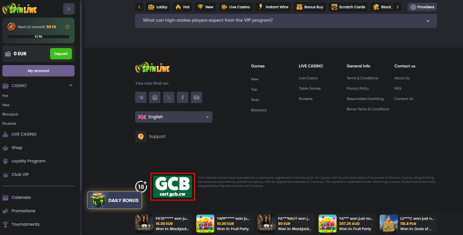 Spinline Casino Valid License