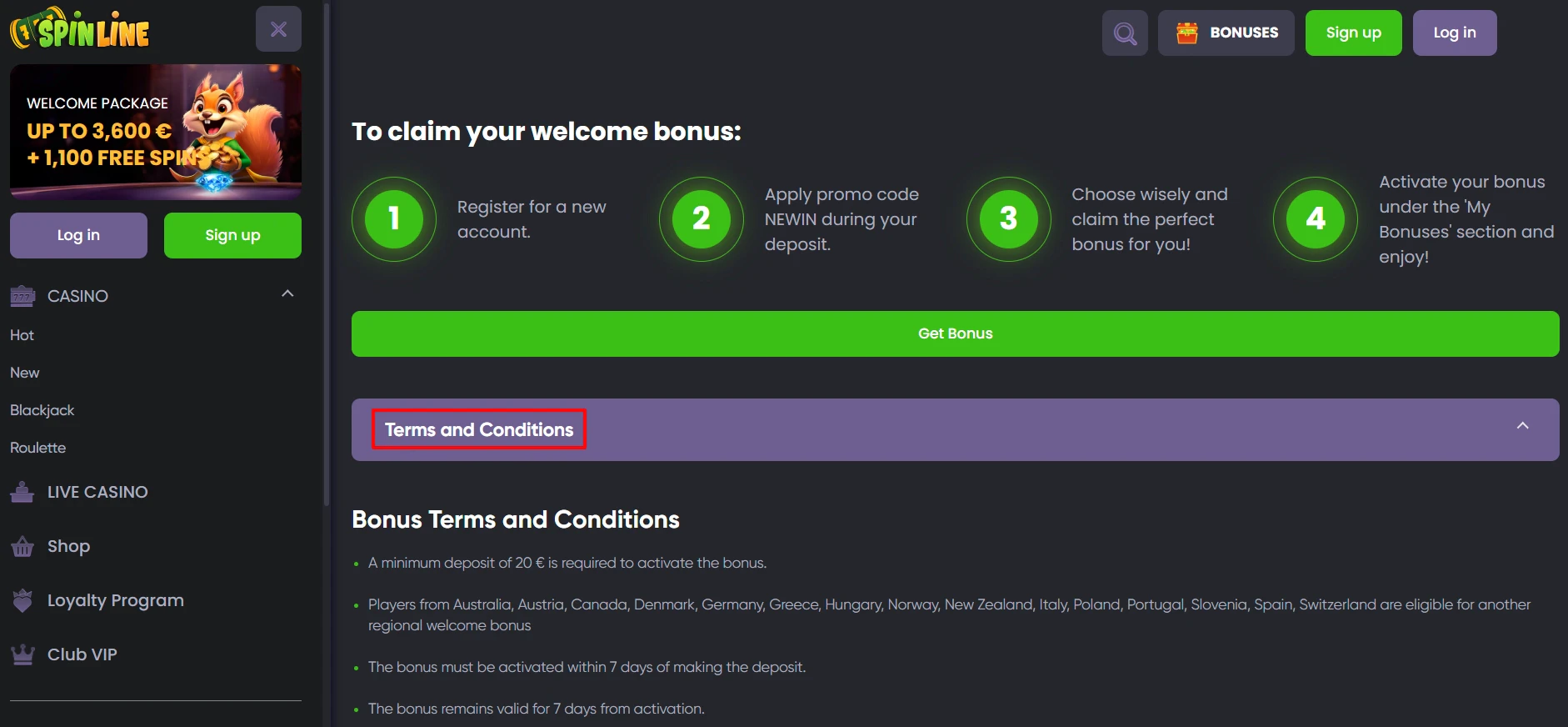 Spinline Bonus Terms and Conditions