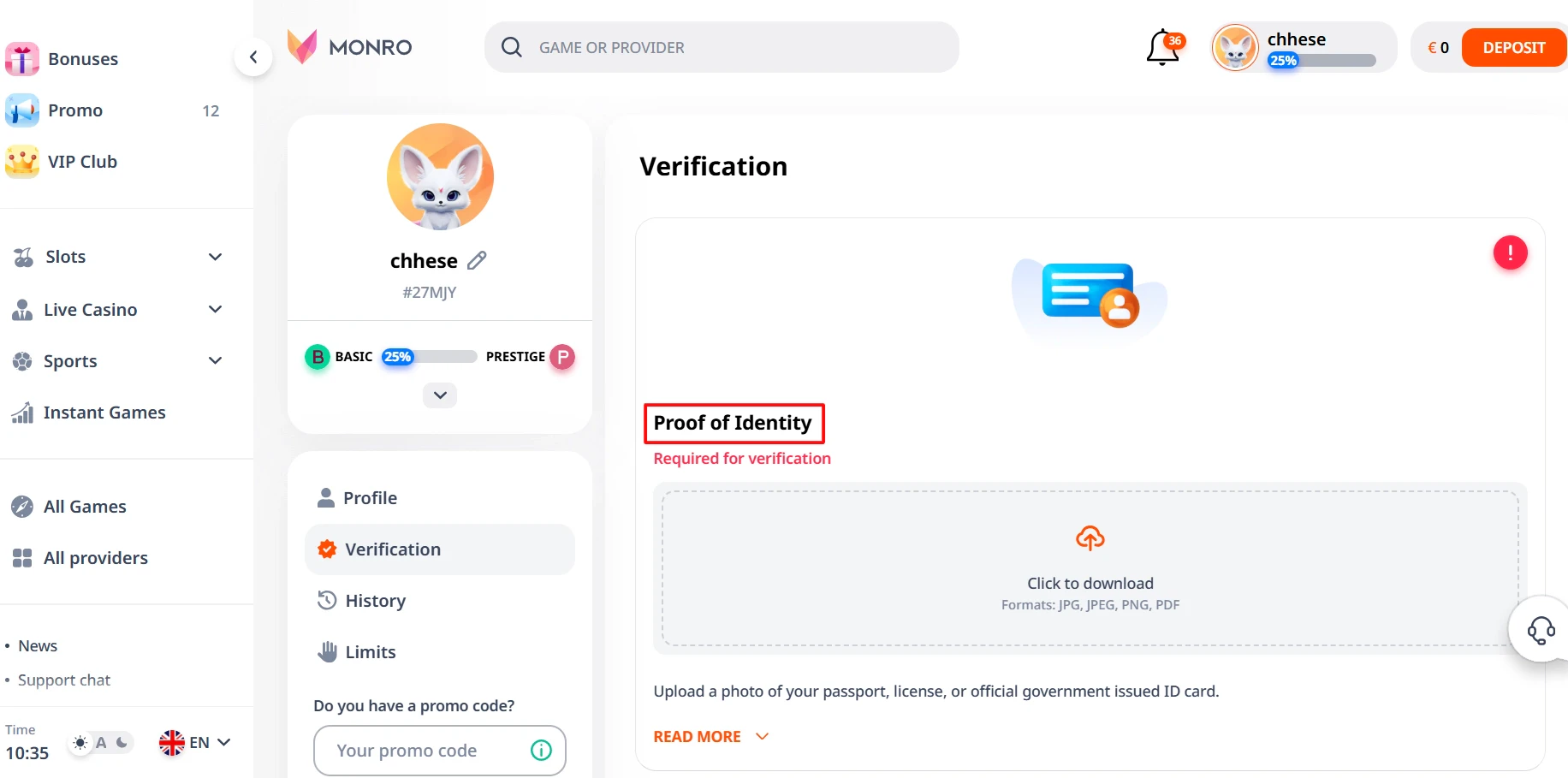 Monro Casino KYC Verification