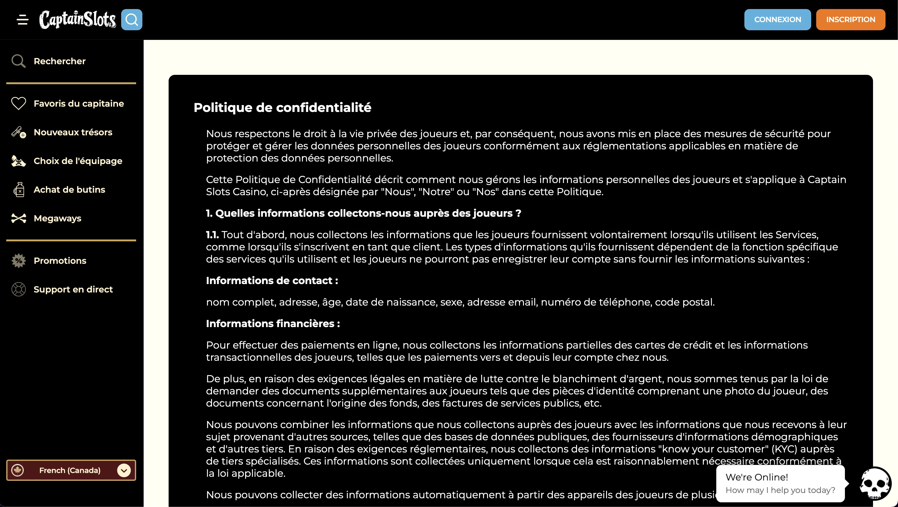 confidentialite captain slots