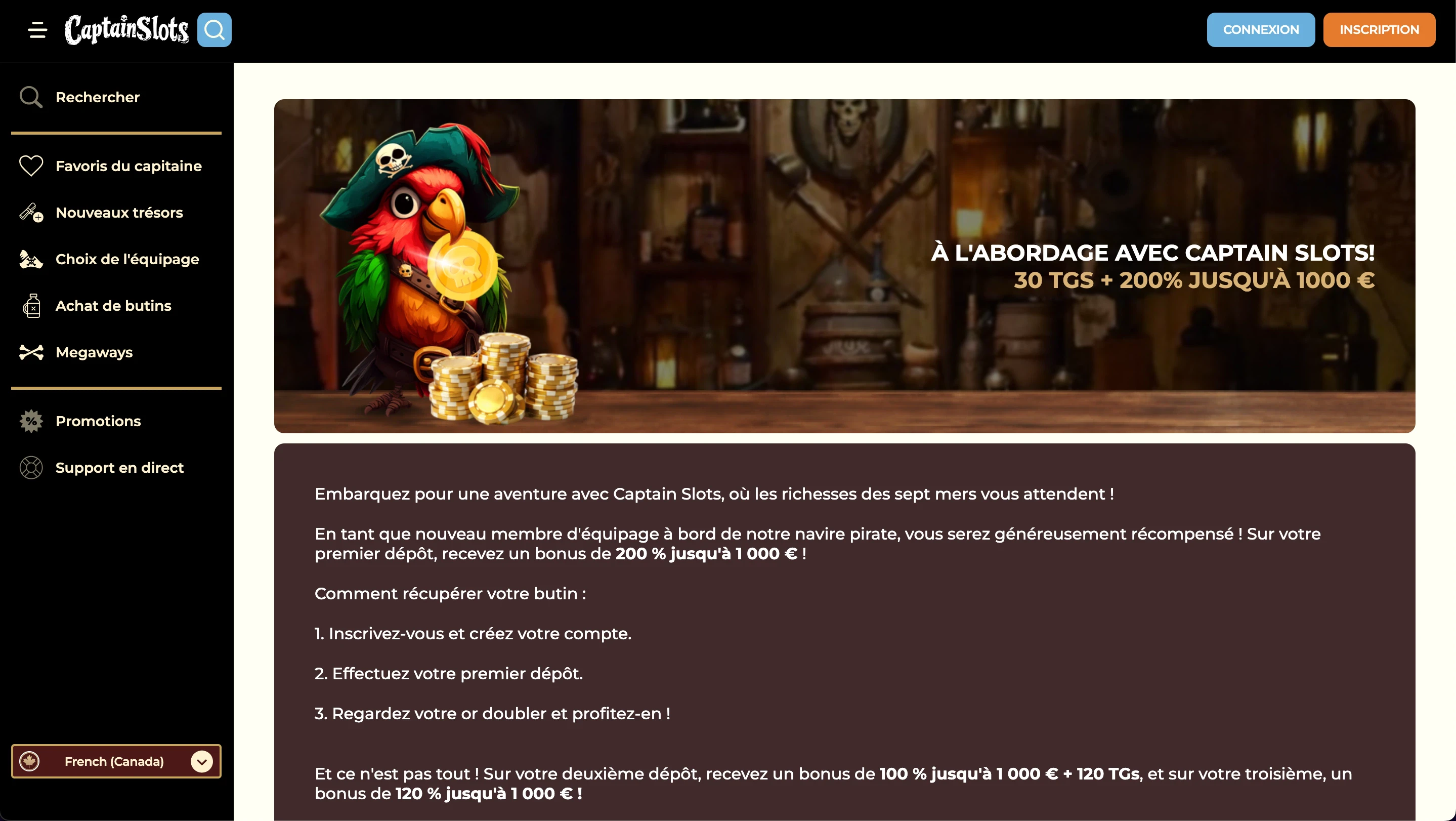 bonus de bienvenue captain slots