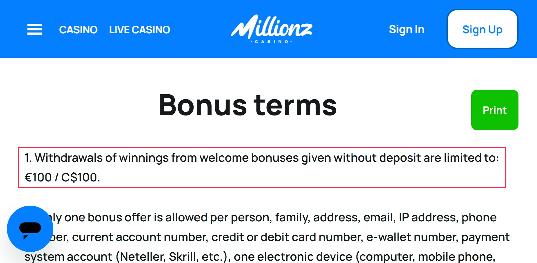 Millionz No Deposit Withdrawal Limit