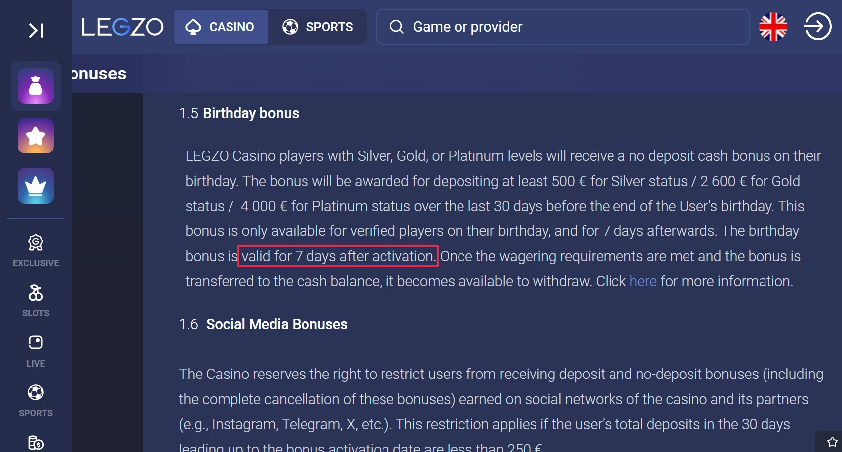 Bonus Validity