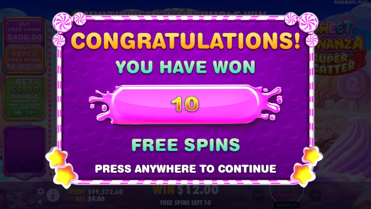 accès aux free spins de sweet bonanza super scatter