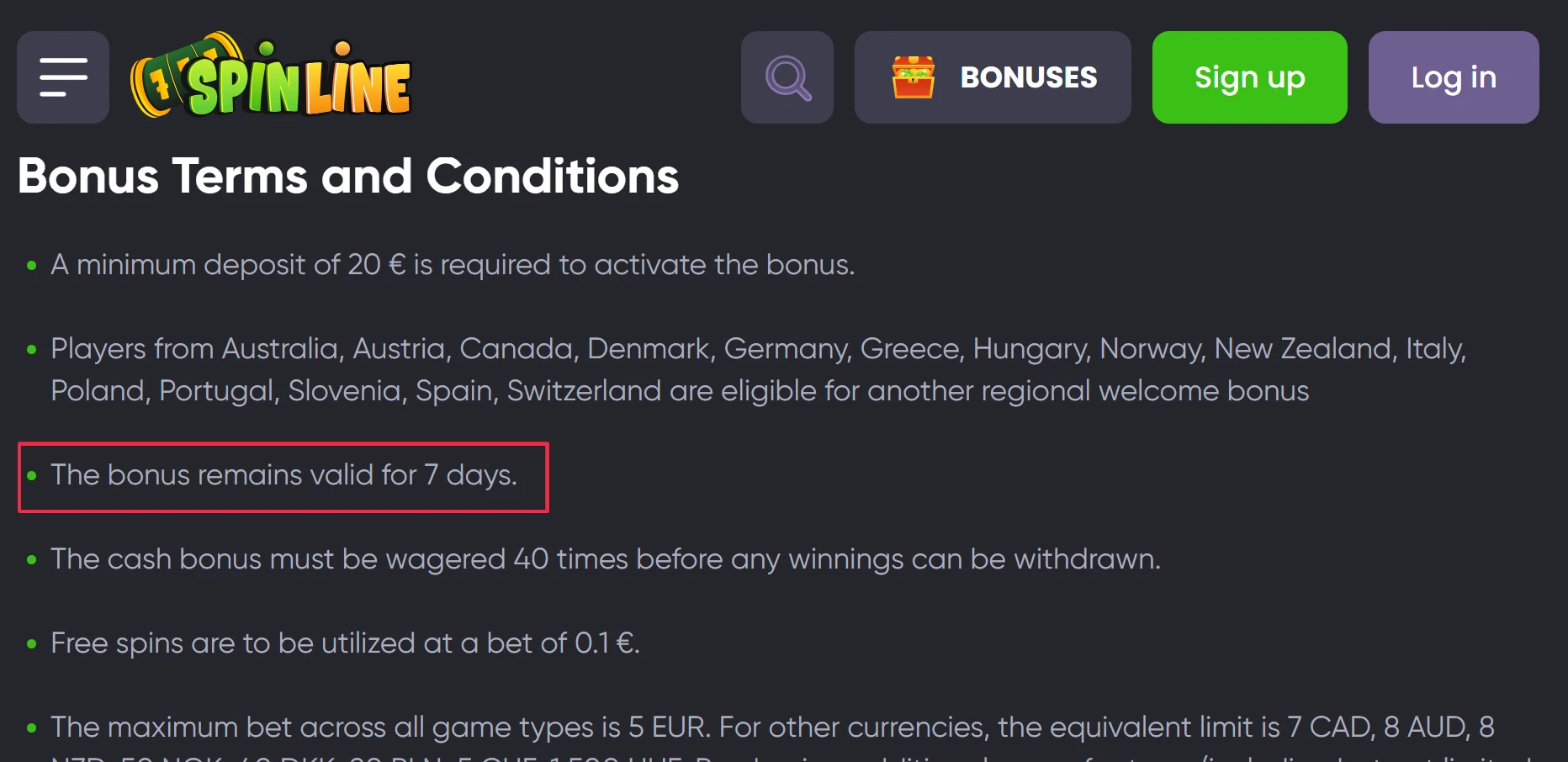 Spinline Bonus Validity