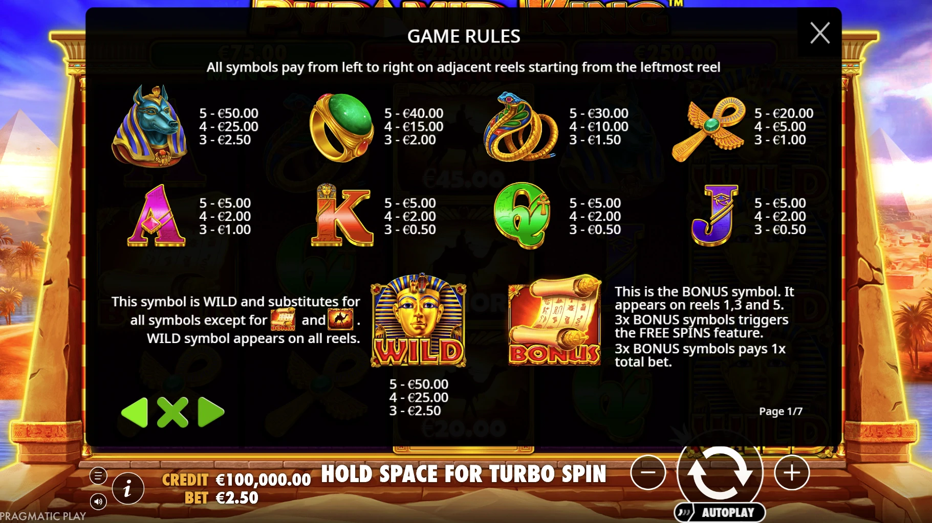 Pyramid King Paytable