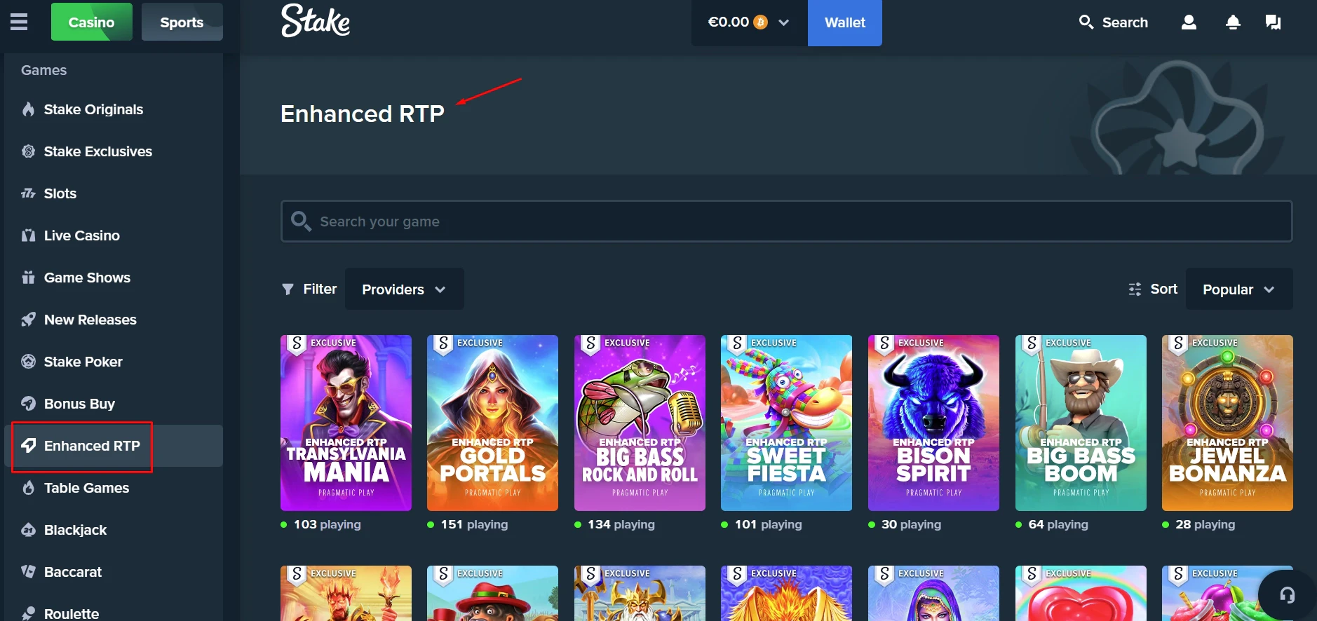 Stake Casino Enhanced RTP Games