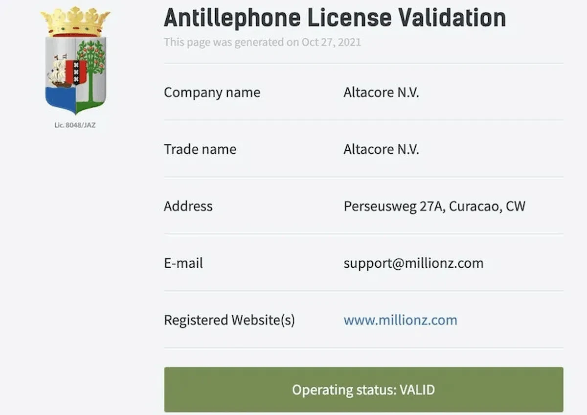 casino millionz licence