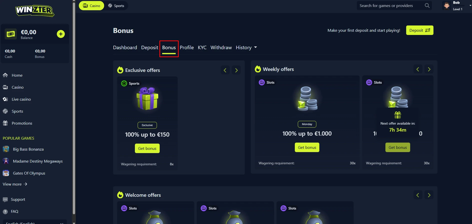 Winzter Casino Bonuses