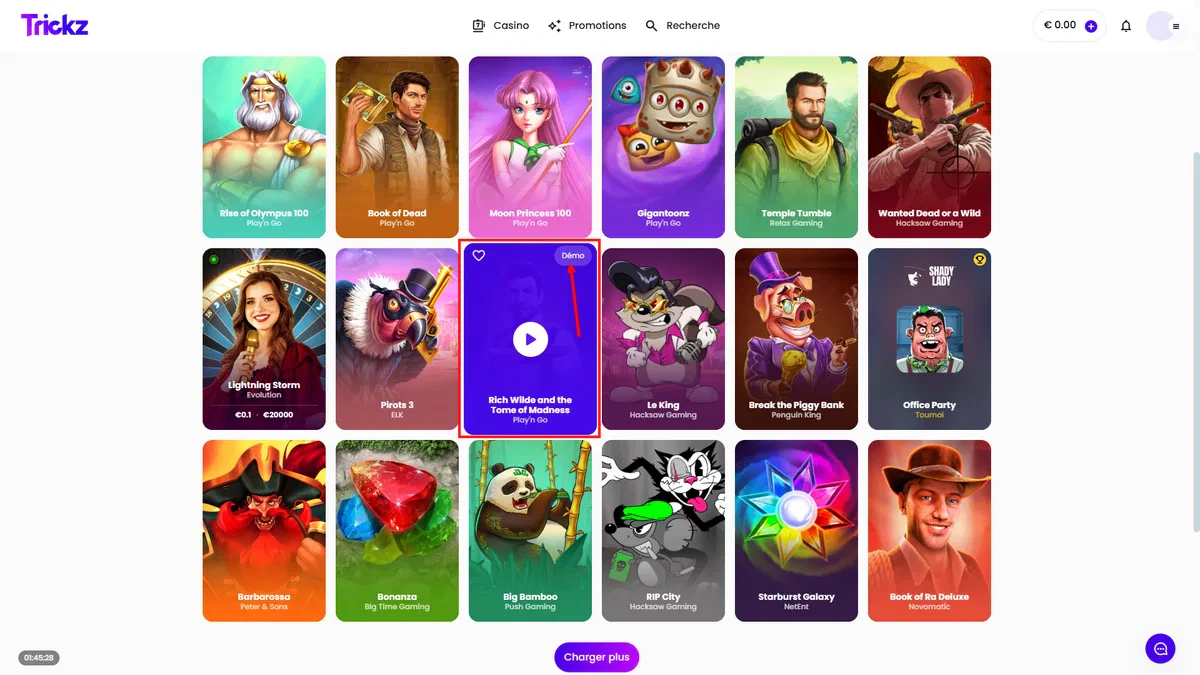 jeu en mode démo sur trickz