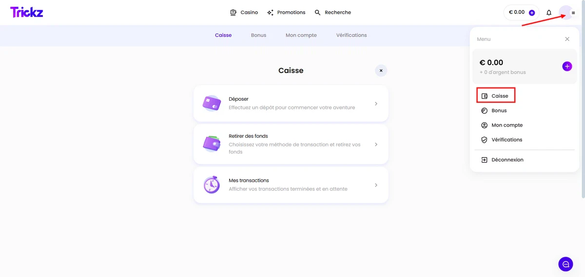 accès à la caisse sur trickz