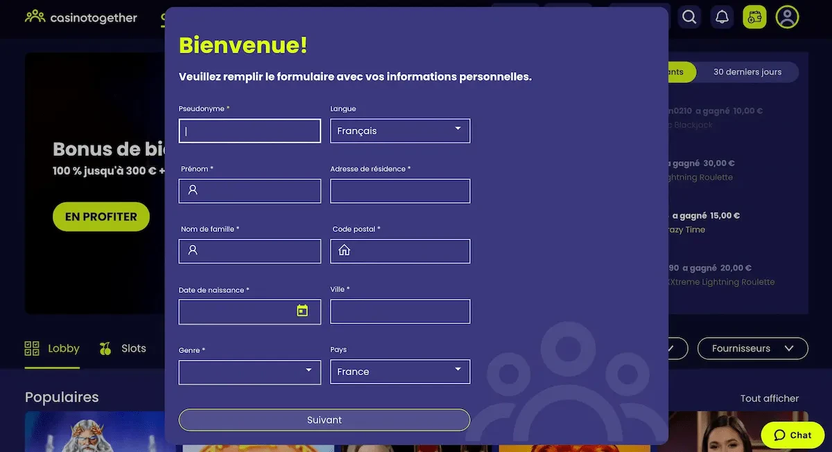 CasinoTogether inscription étape 2
