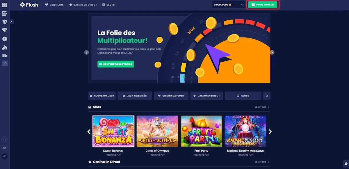 Etape 1 pour déposer sur flush casino - cliquer sur porte monnaie