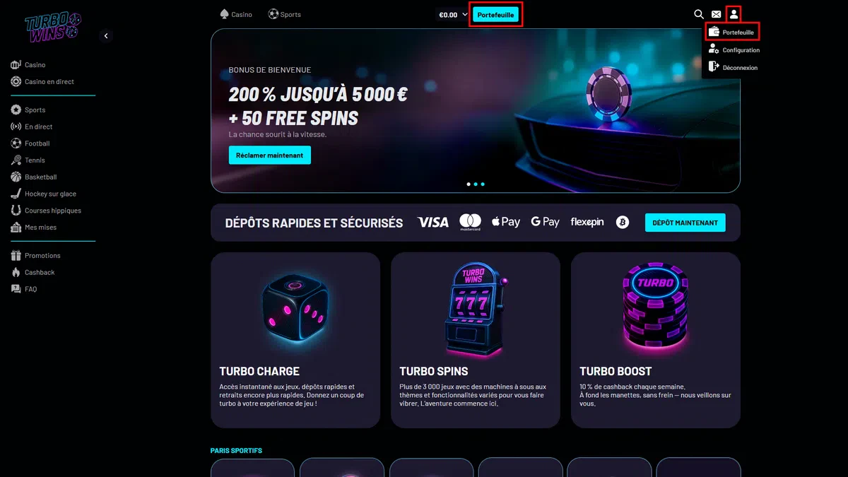 accès au portefeuille sur turbo wins