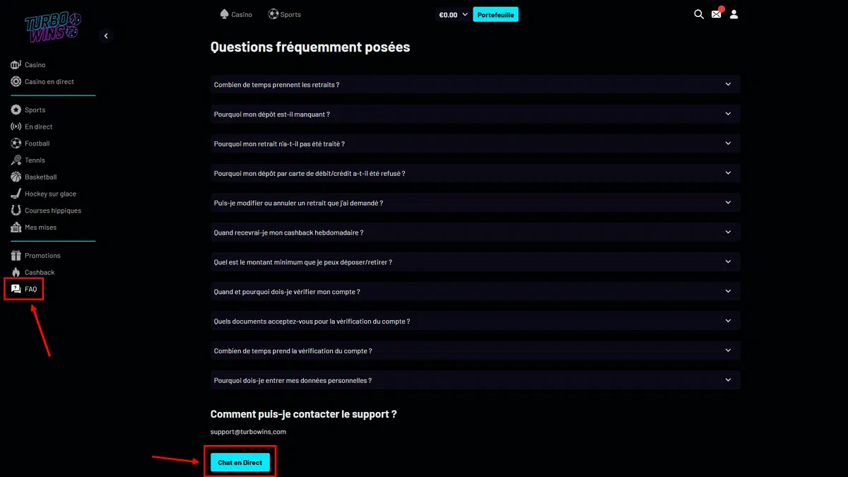 accès au live chat sur turbo wins
