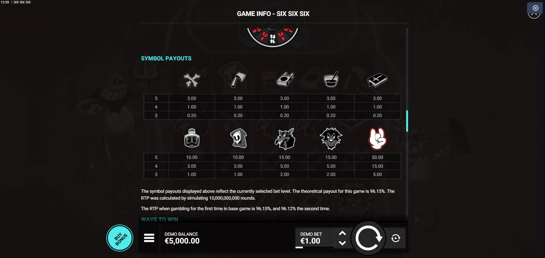 SixSixSix Paytable