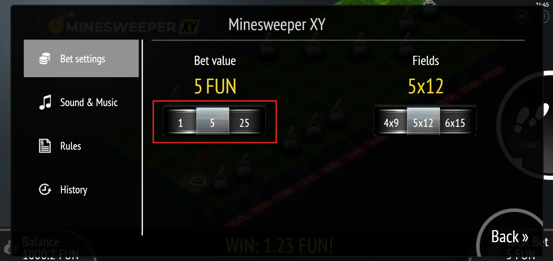 Minesweeper XY - Bet Options