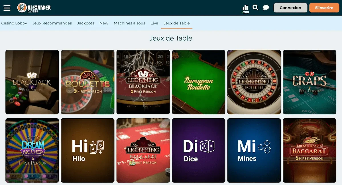 jeux de table alexander casino