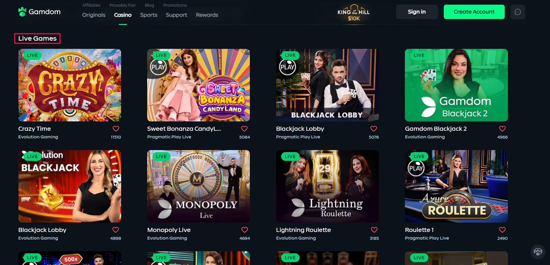 Gamdom Live Casino Games