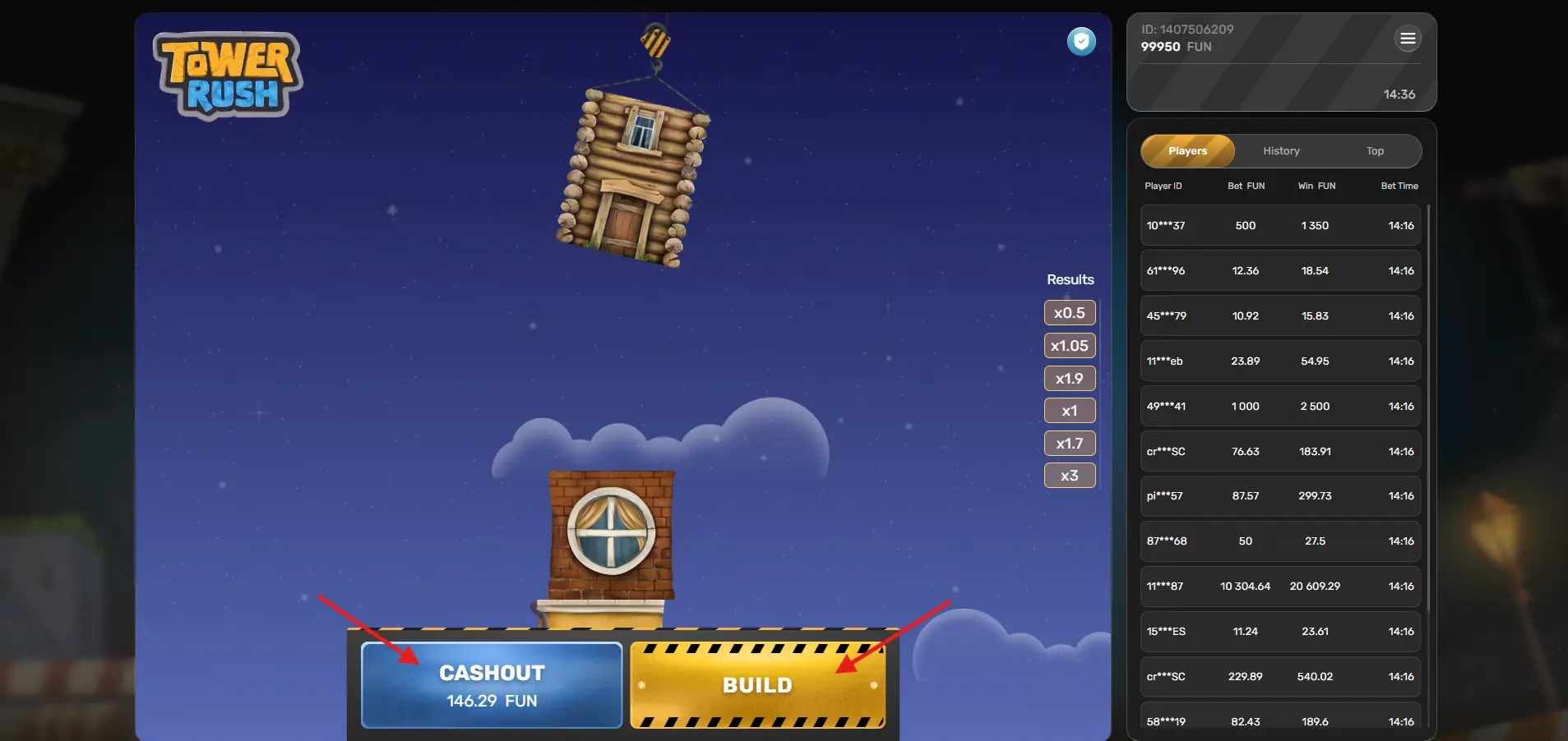 Tower Rush - Cashout and Build Buttons