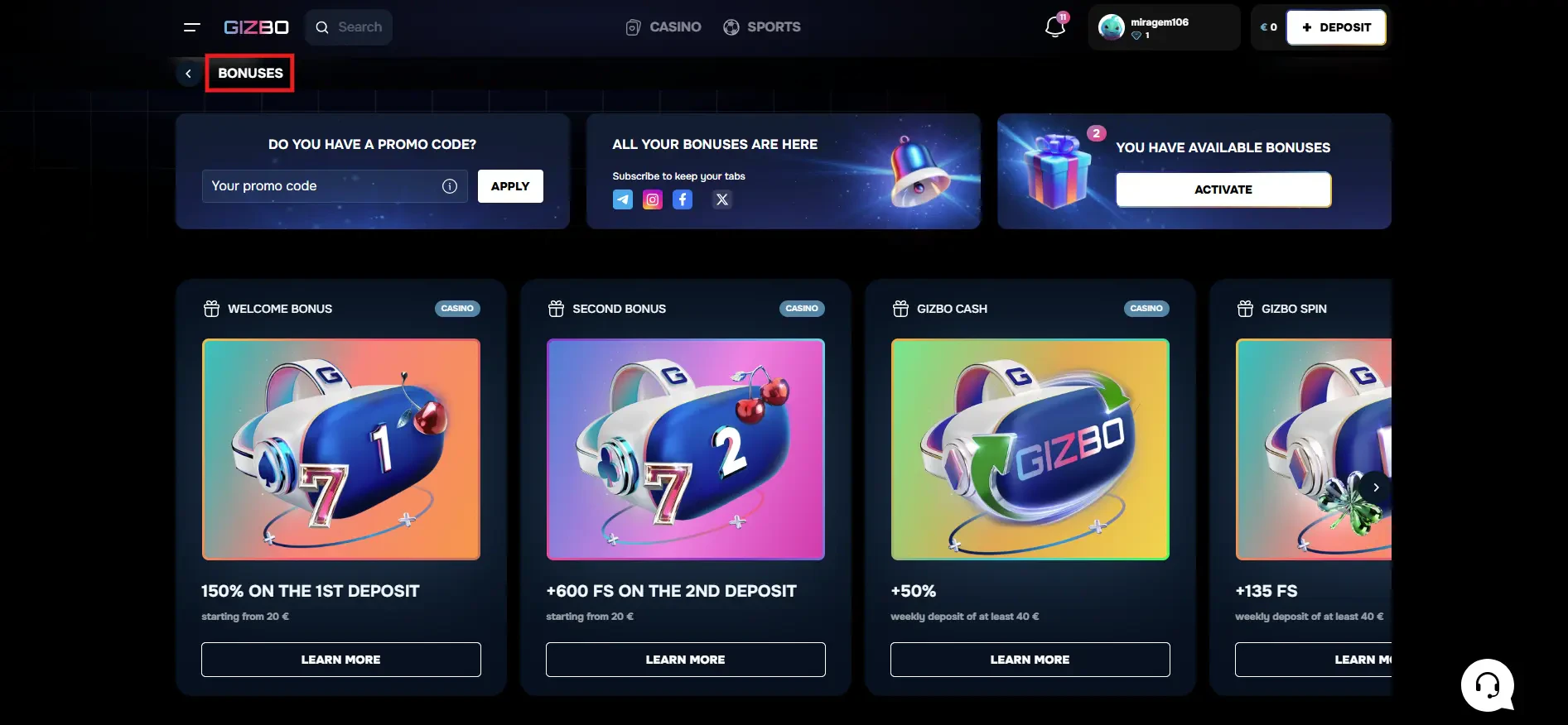 Gizbo Casino - Bonuses Page