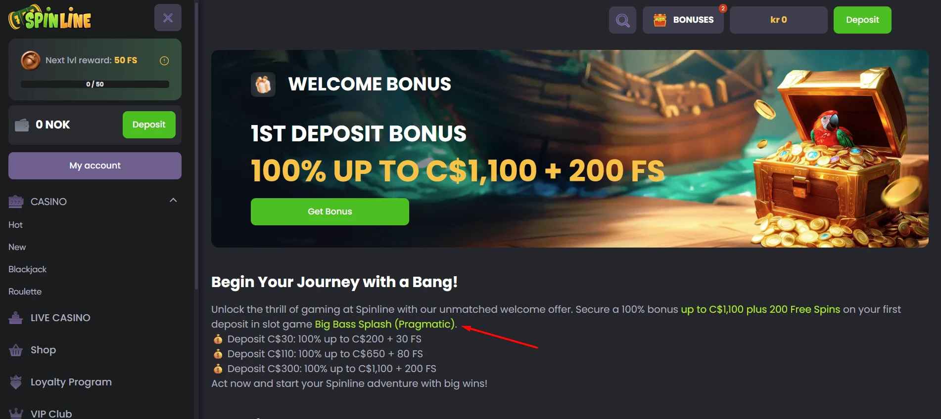Spinline Casino Bonus Eligible Games