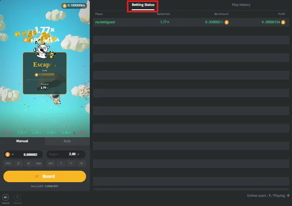 Rocket Run - Betting Status