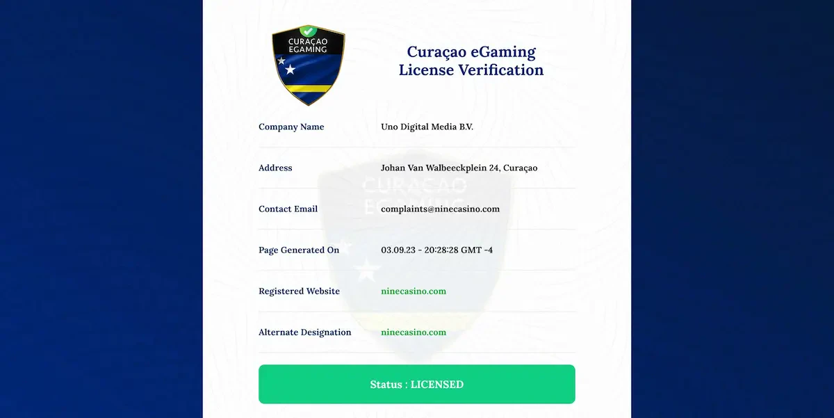 licence ninecasino