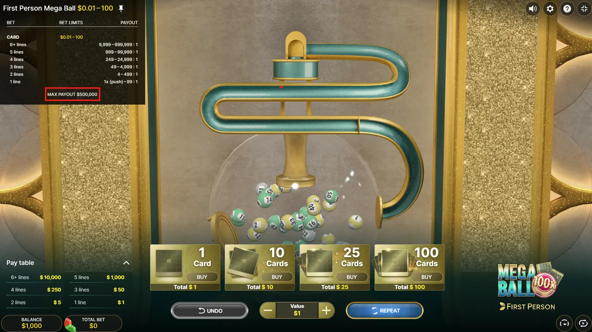 First Person Mega Ball - Max Payout