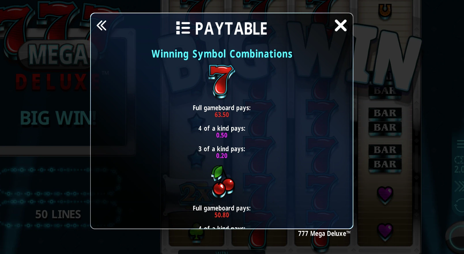 777 Mega Deluxe Paytable